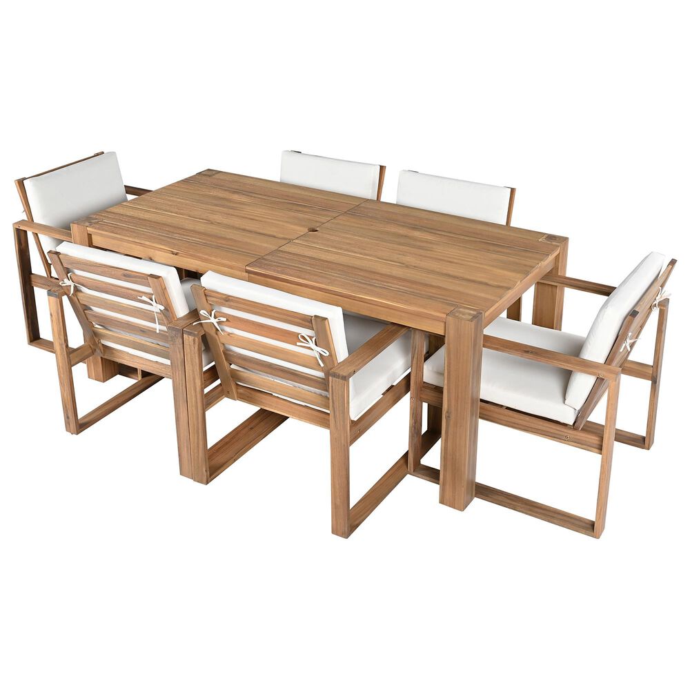 HOMLUX 7-Piece Patio Dining Set with 69" Rectangular Light Teak Table and Umbrella Hole in Beige, , large