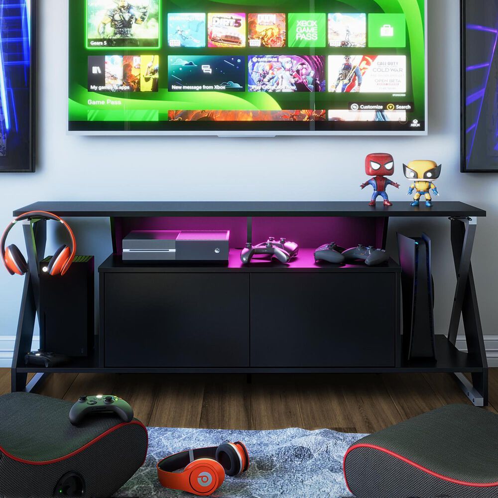 Latijns Wafel Faial DHP Xtreme 60" TV Stand and Gaming Console with LED Lights in Matte Black |  NFM