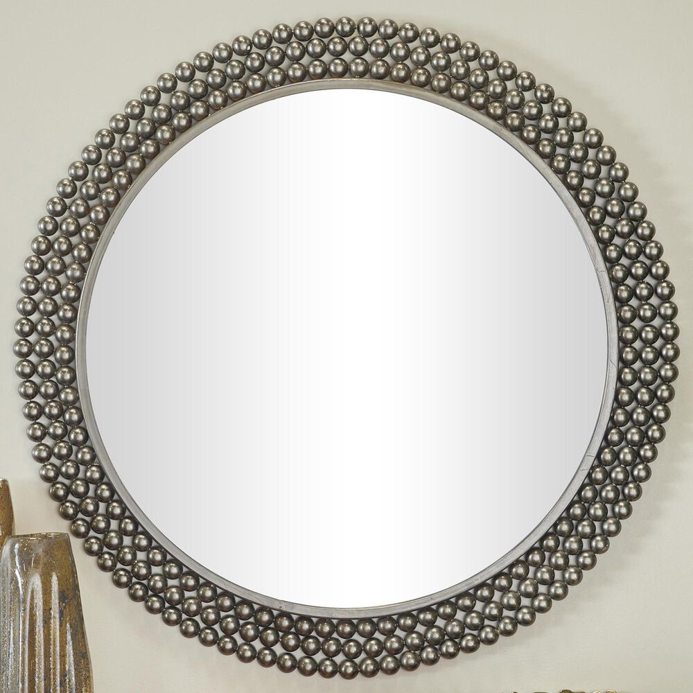 Maple and Jade 32&quot; Round Metal Wall Mirror with Beaded Detailing in Black, , large