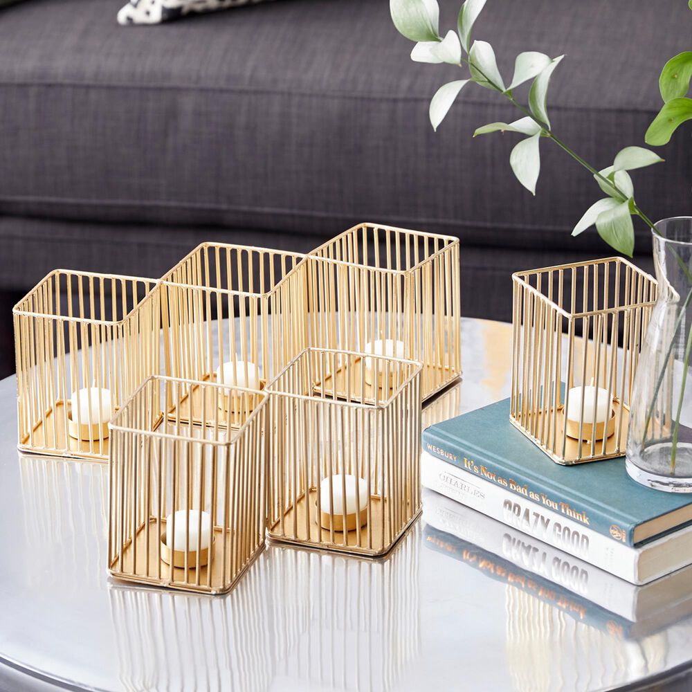 Maple and Jade Modern Metal Candle Holder with Rectangular Cage Design in Gold &#40;Set of 3&#41;, , large