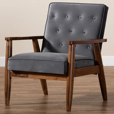 Baxton Studio Sorrento Lounge Chair in Grey Velvet, , large