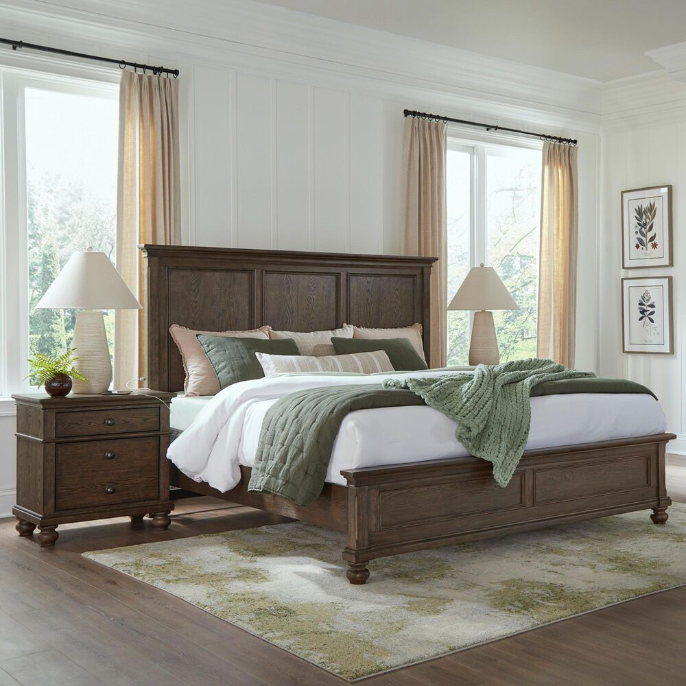 Riva Ridge Oxford California King Panel Bed with Two Nightstands in Cocoa with AC Outlets and USB Ports, , large