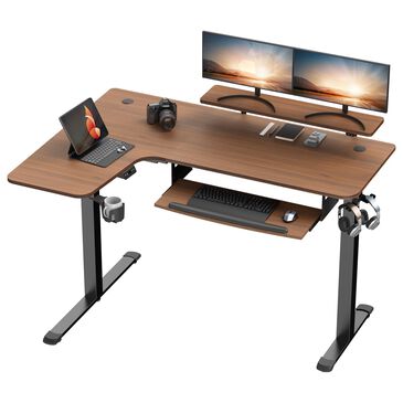 Eureka Left Facing L-Shaped Electric Standing Desk in Walnut and Black, , large