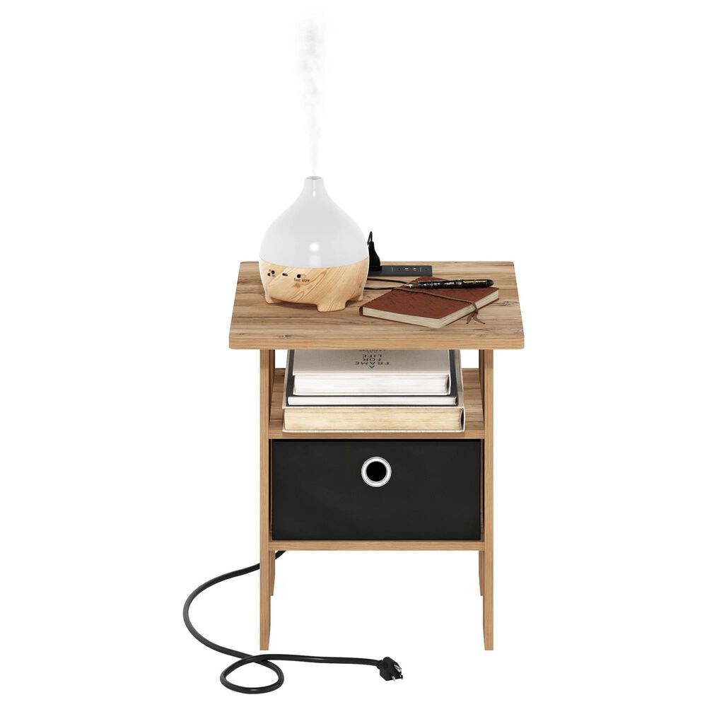 HOMLUX USB and Type-C Port Charging Station End Table with Black Storage Bin in Flagstaff Oak, , large