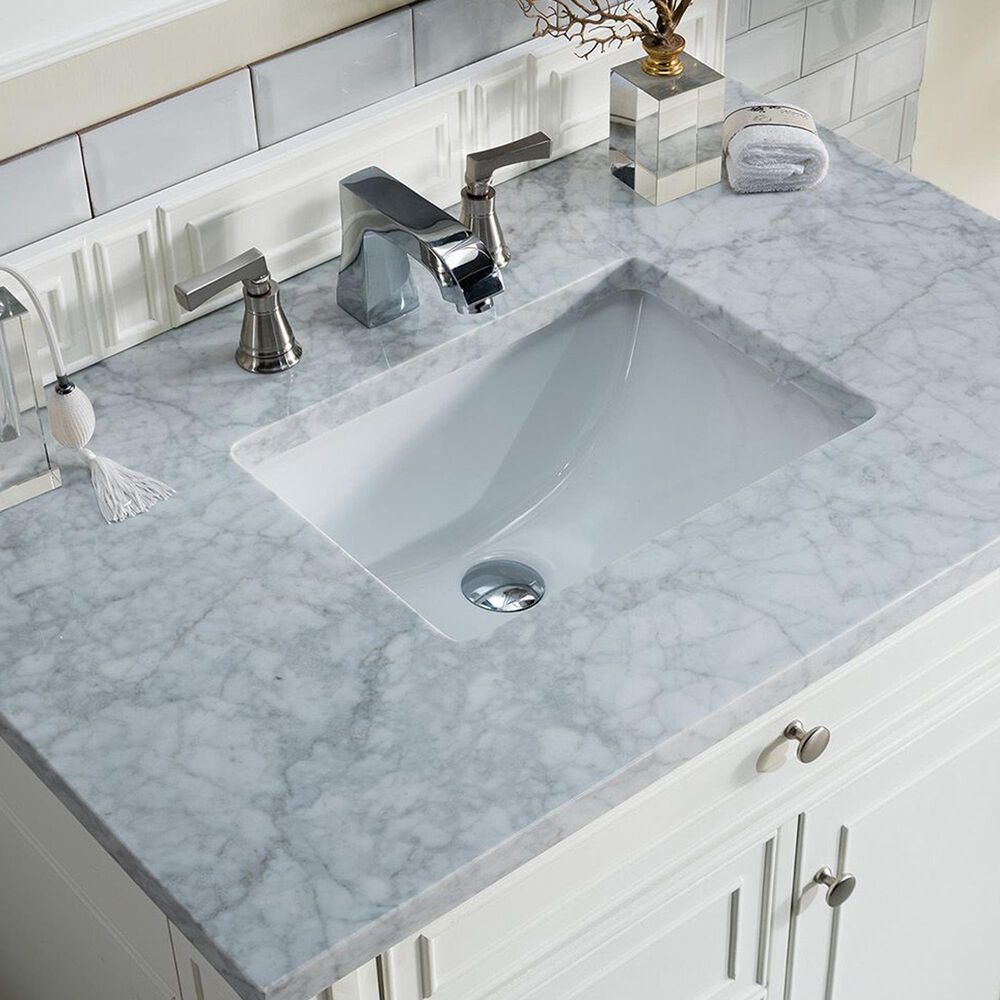 James Martin Vanities Bristol 36&quot; Single Bathroom Vanity in Bright White with 3 cm Carrara White Marble Top and Rectangular Sink, , large
