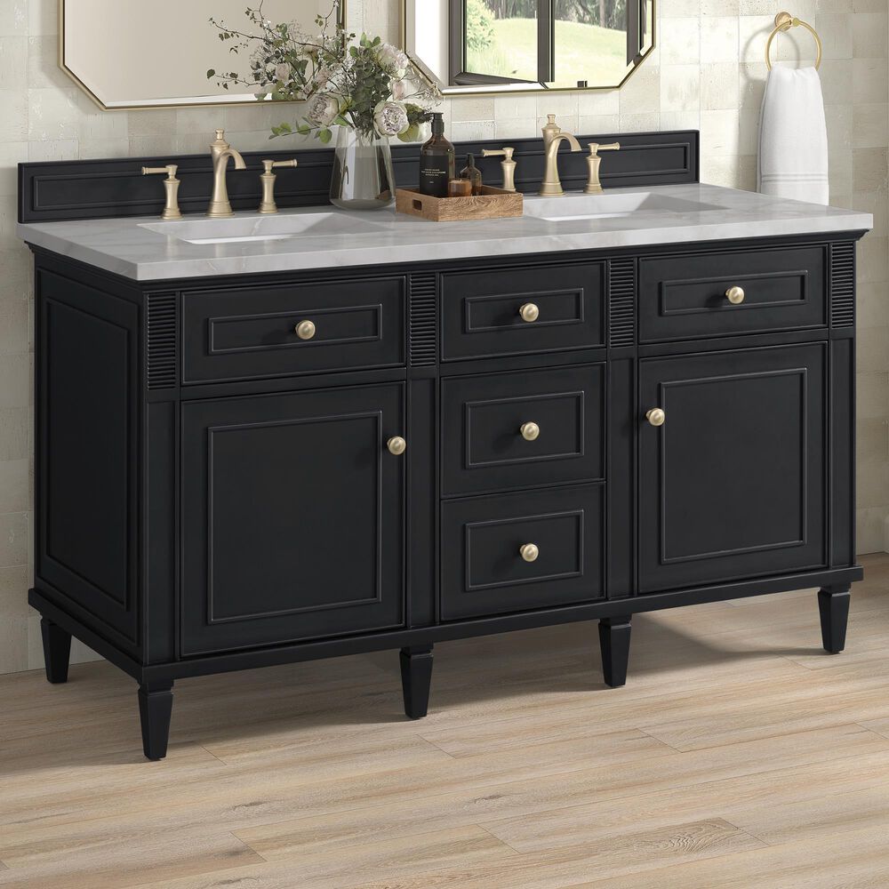 James Martin Vanities Lorelai 60" Double Bathroom Vanity in Black Onyx with 3 cm Eternal Jasmine Pearl Silestone Top, Rectangular Sinks and FreePower Wireless Charger, , large