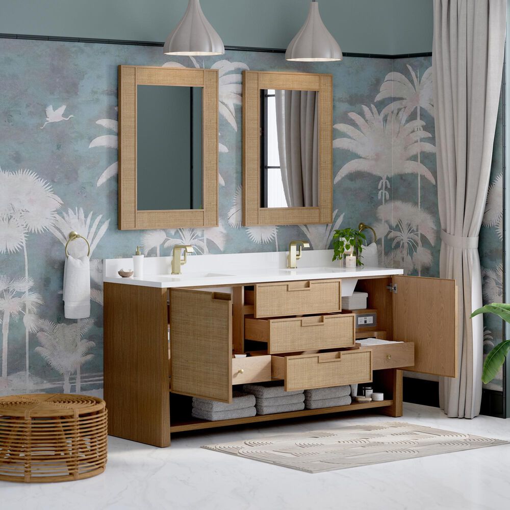 James Martin Vanities Solene 72&quot; Double Bathroom Vanity in Seaside Oak with Single Hole 3 cm White Zeus Quartz Top and Rectangular Sinks, , large