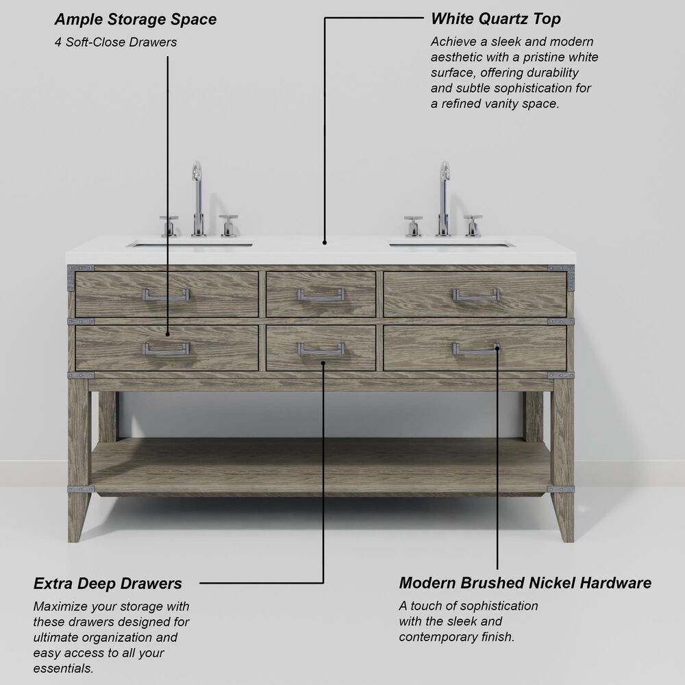 Lexora Home Norwalk 60" Double Bathroom Vanity in Grey Oak with White Quartz Top and Rectangular Sinks, , large