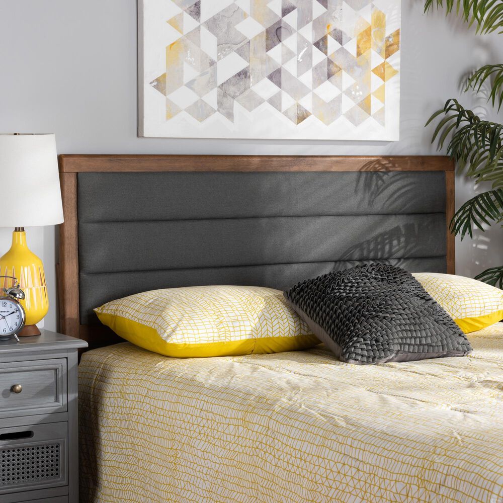 Baxton Studio Dexter Full Panel Headboard with Dark Grey Fabric in Walnut Brown, , large