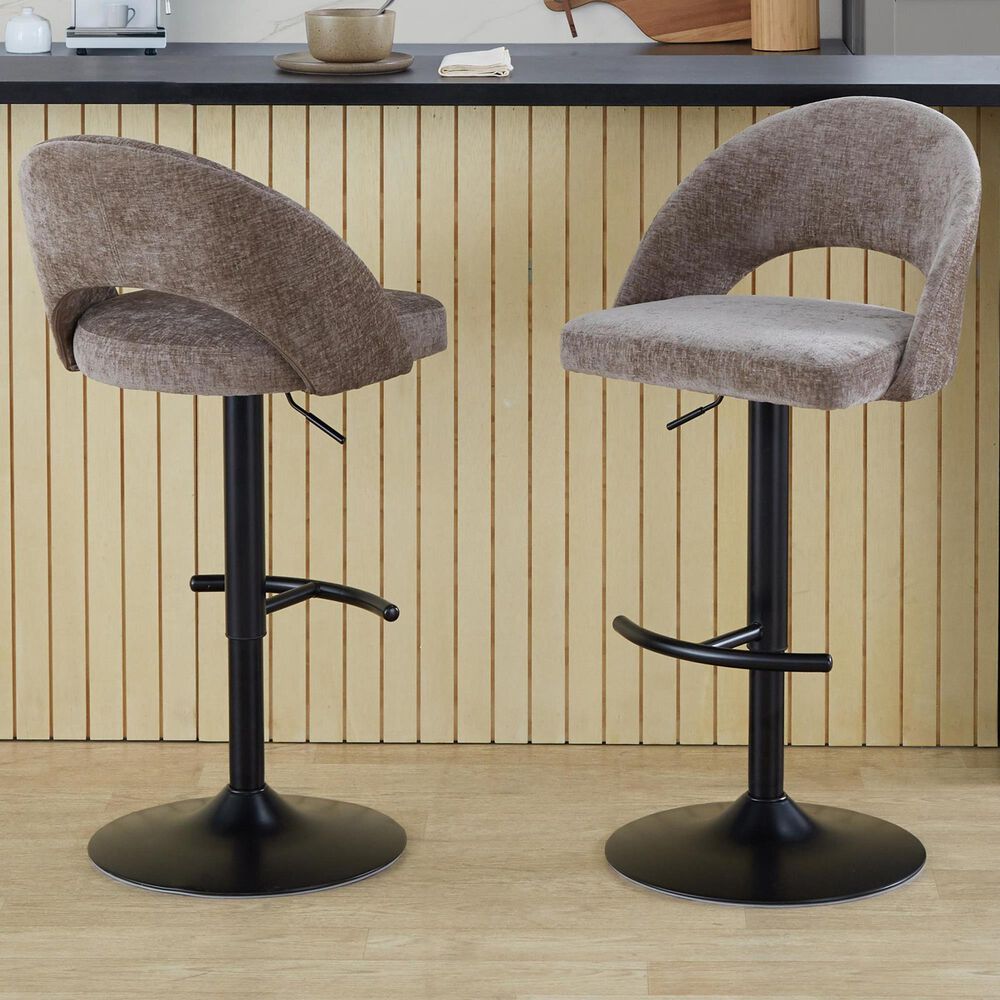 LumiSource Renee Adjustable Swivel Bar Stool with Brown Fabric Upholstery in Black (Set of 2), , large