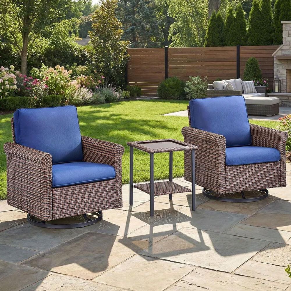 Sunwell Garden Patio Swivel Glider Chair with Brown Frame and Rolled Armrests in Navy (Set of 2), , large