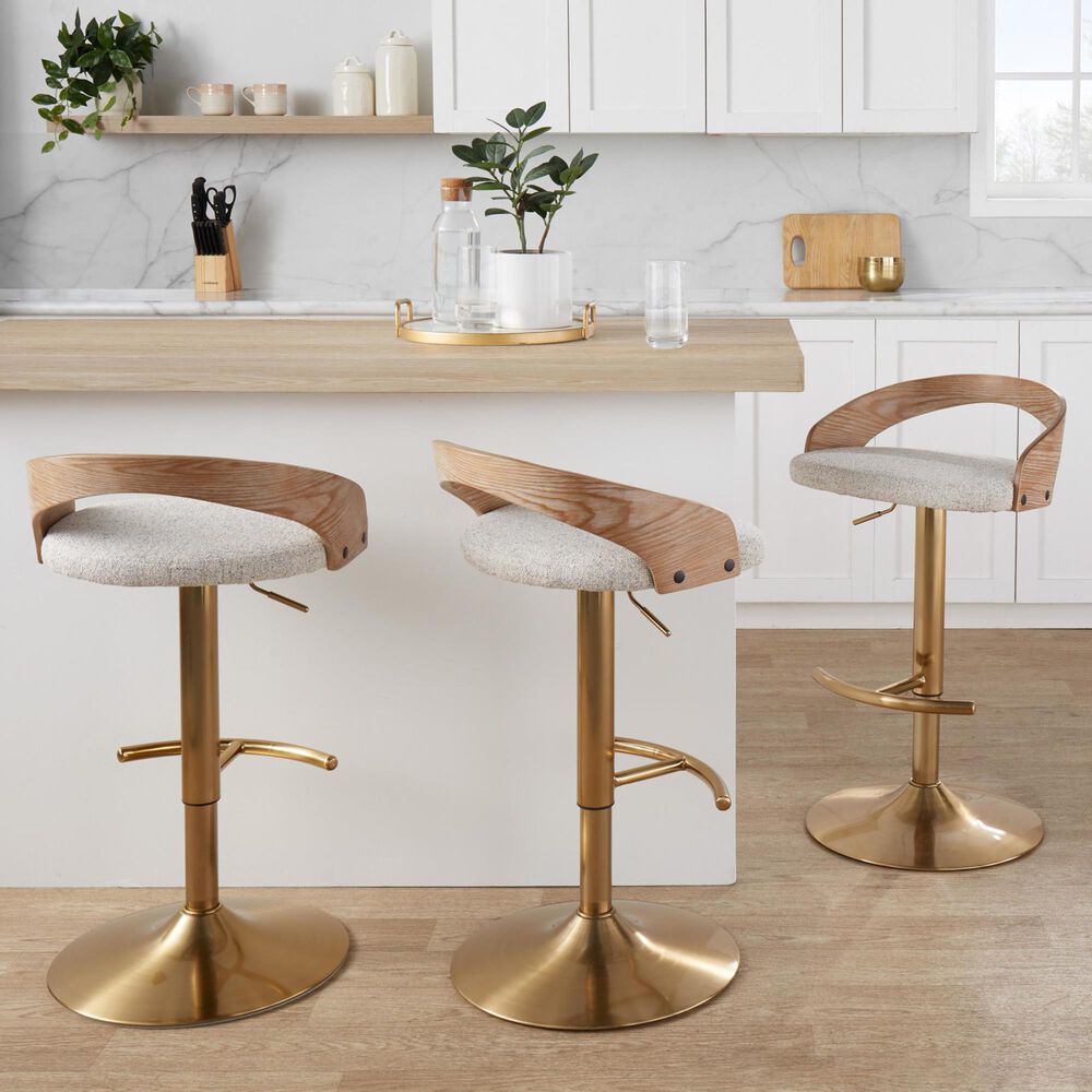 LumiSource Grotto Adjustable Swivel Barstool with Oat Fabric Upholstery in Gold and Whitewashed (Set of 2), , large