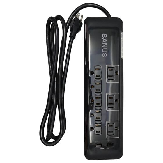 Sanus Surge Protected Power Strip with 8 Outlets and 2 USB Ports in Black