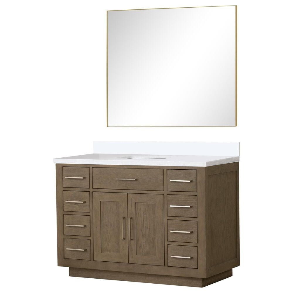 Lexora Home Abbey 48" Single Bathroom Vanity in White Oak with 2 cm White Cultured Marble Top, Rectangular Sink and 43" Mirror, , large