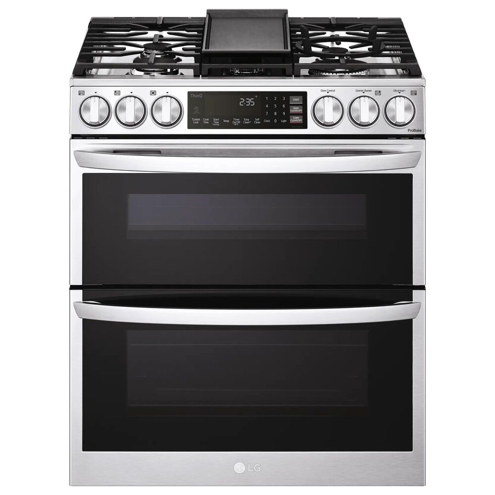 LG 2-Piece Kitchen Package with 6.9 Cu. Ft. Smart Slide-In Double Oven Gas Range and 2.1 Cu. Ft. Smart Over-the-Range Microwave in Printproof Stainless Steel, , large