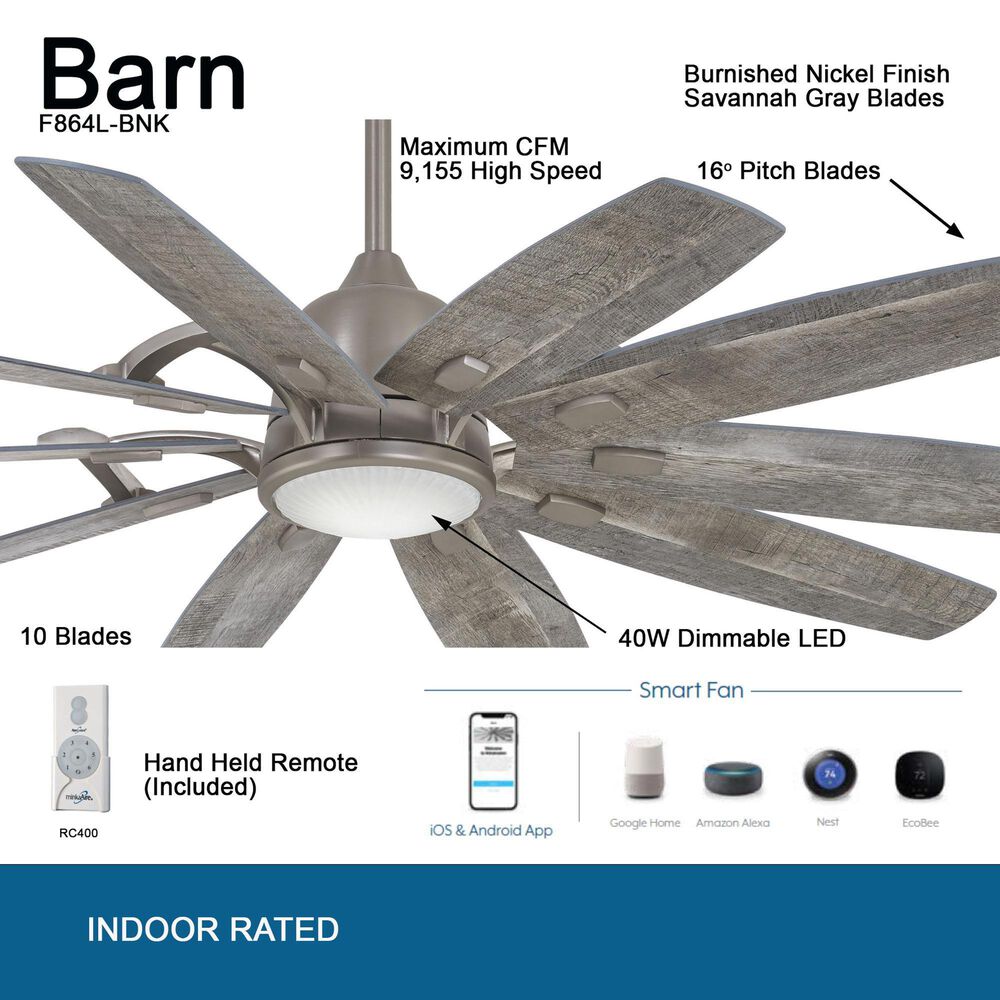 Minka-Aire Barn 65" Ceiling Fan with LED Light in Burnished Nickel, , large