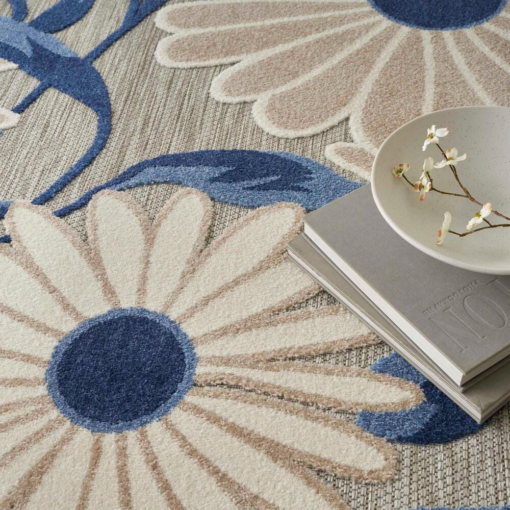 Nourison Aloha 5&#39;3&quot; Round Blue and Grey Indoor/Outdoor Area Rug, , large
