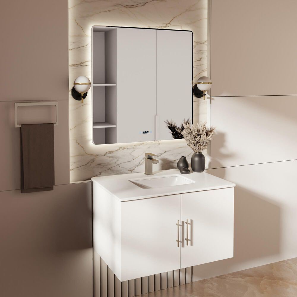 Lexora Home Geneva 30&quot; Single Bathroom Vanity in Glossy White with 2 cm White Quartz Top and Rectangular Sink, , large