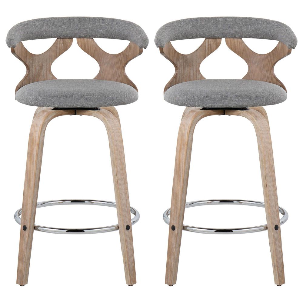 LumiSource Gardenia Swivel Fixed-Height Counter Stool with Light Grey Fabric Upholstery in Chrome and Whitewashed (Set of 2), , large