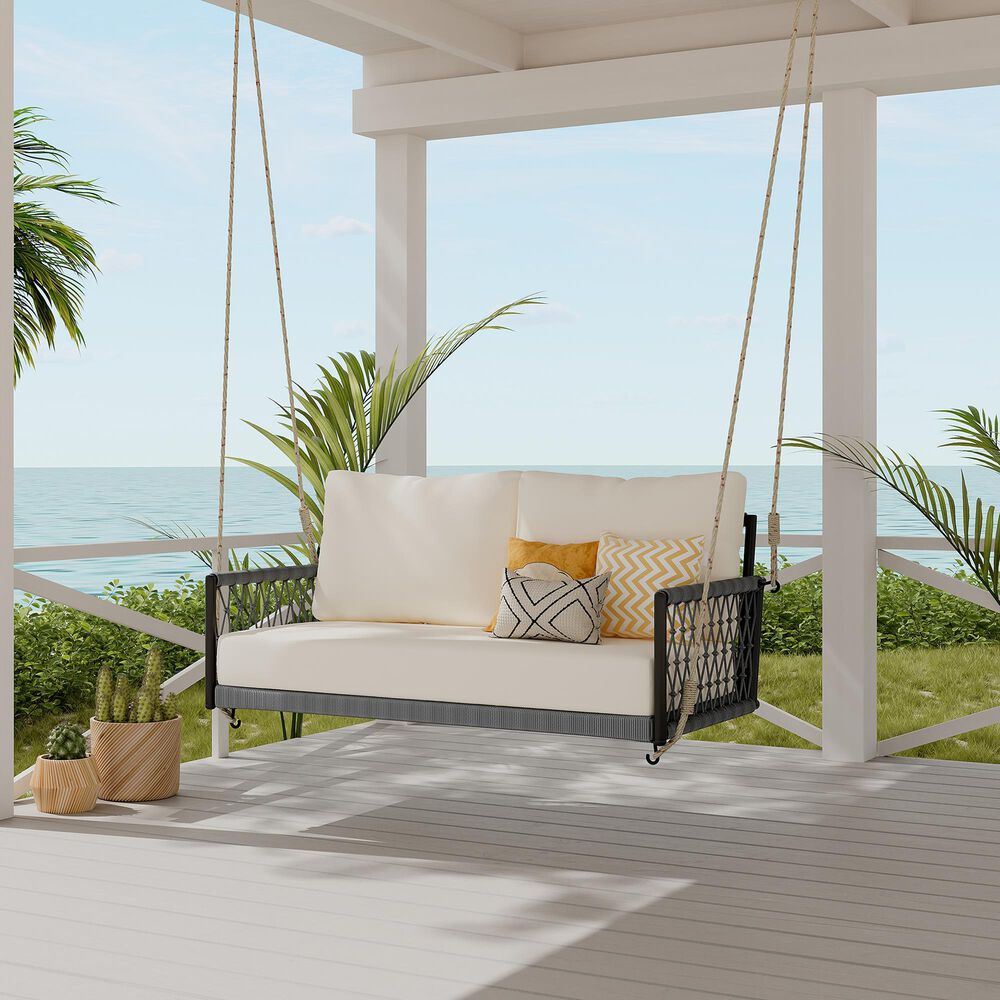 HOMLUX Patio Woven Rope Swing Sofa with Black Steel in Beige, , large