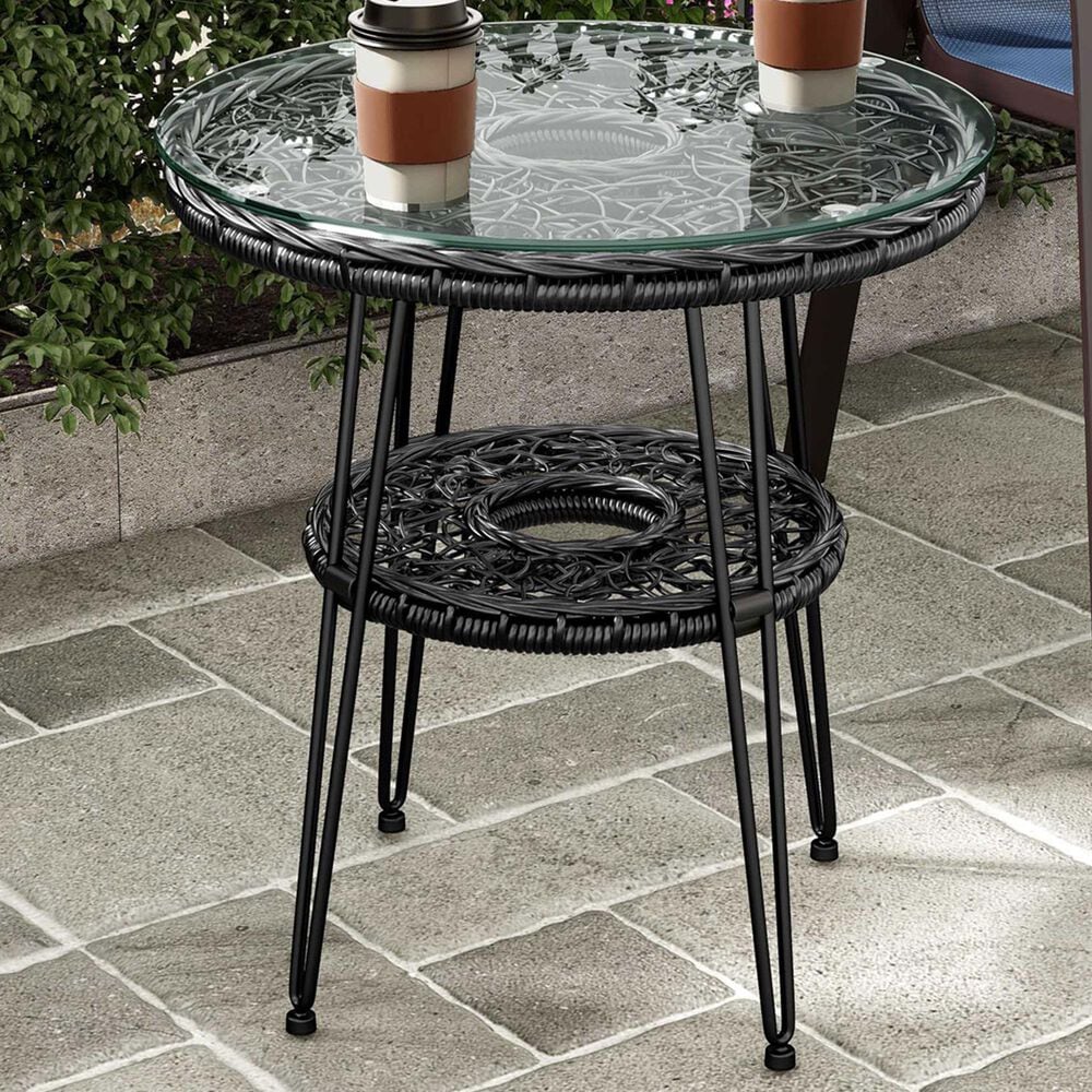 Furniture of America Serene 1-Shelf Glass Top Round Patio Coffee Table in Black, , large