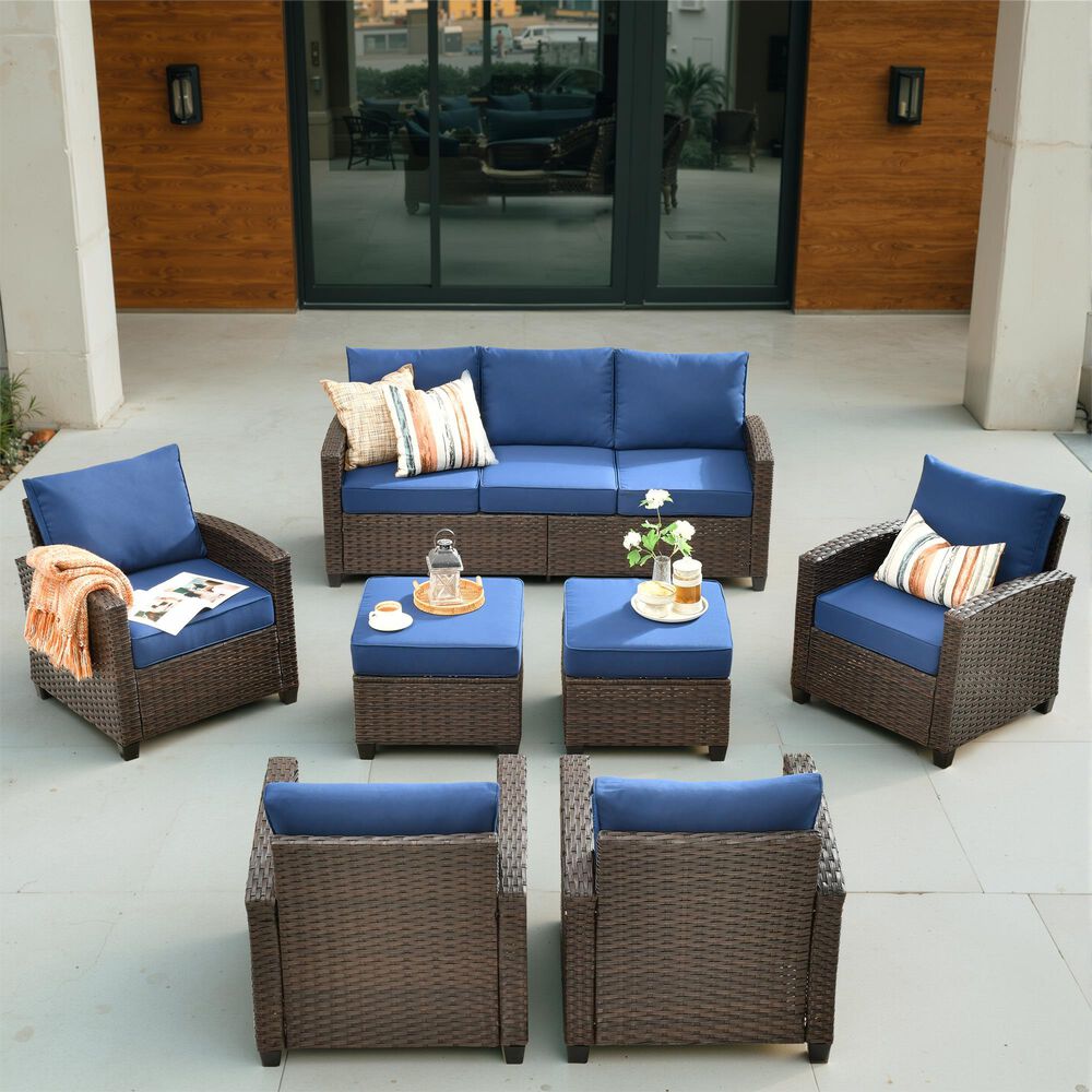 HOMLUX 7-Piece Patio Conversation Set with Two Ottomans in Navy Blue, , large