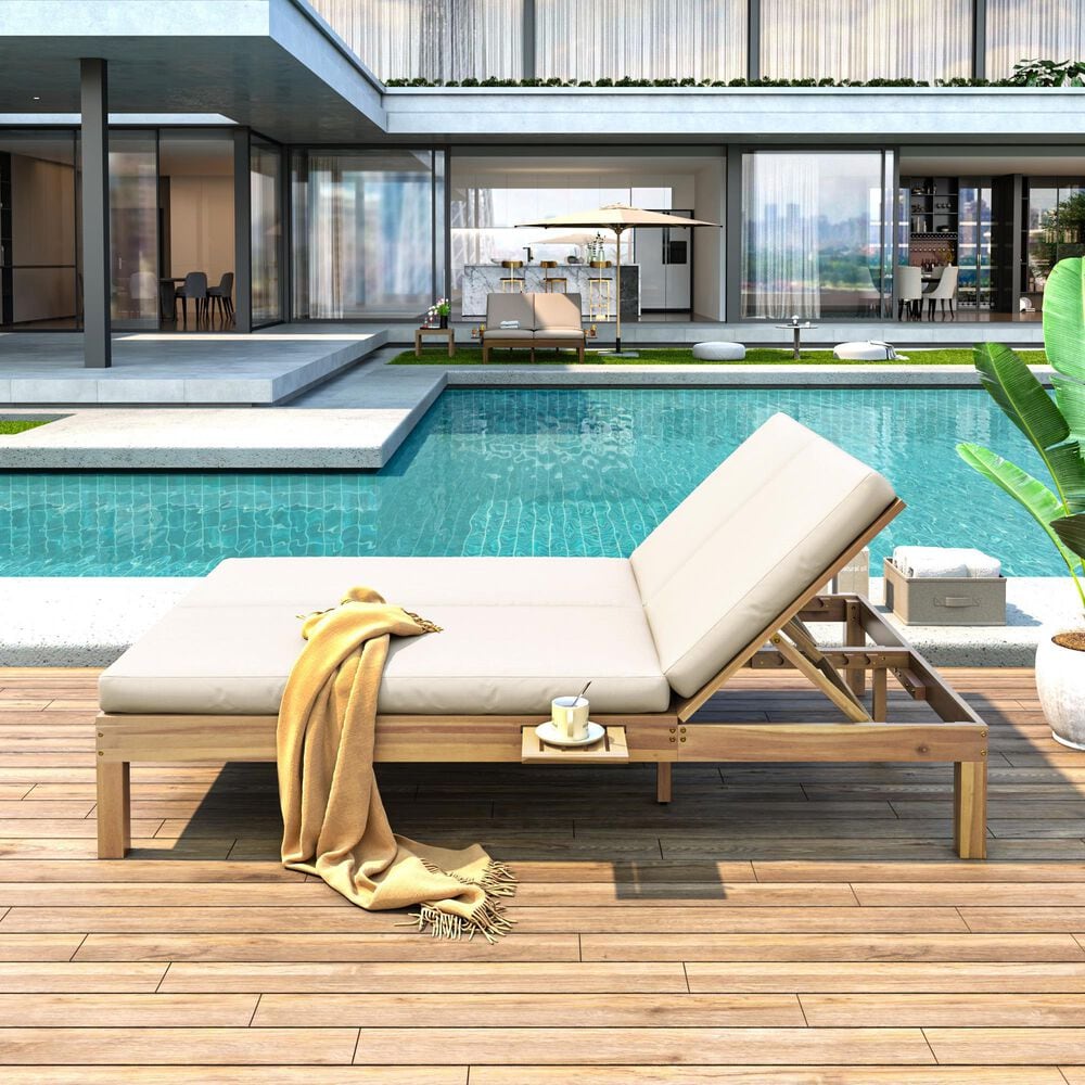 HOMLUX Patio 2-Person Chaise Lounge with Folding Side Tables and Light Teak Frame in Beige, , large