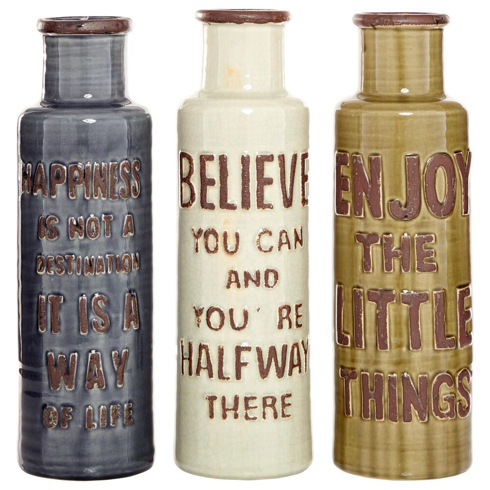 Maple and Jade Farmhouse Vase with Embossed Inspirational Quotes in Gray, Cream and Brown (Set of 3), , large