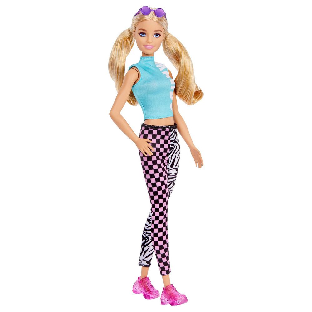 Barbie Fashionistas Doll with Long Blonde Pigtails Wearing Teal Sport Top, Patterned Leggings, Pink Sneakers and Sunglasses, , large