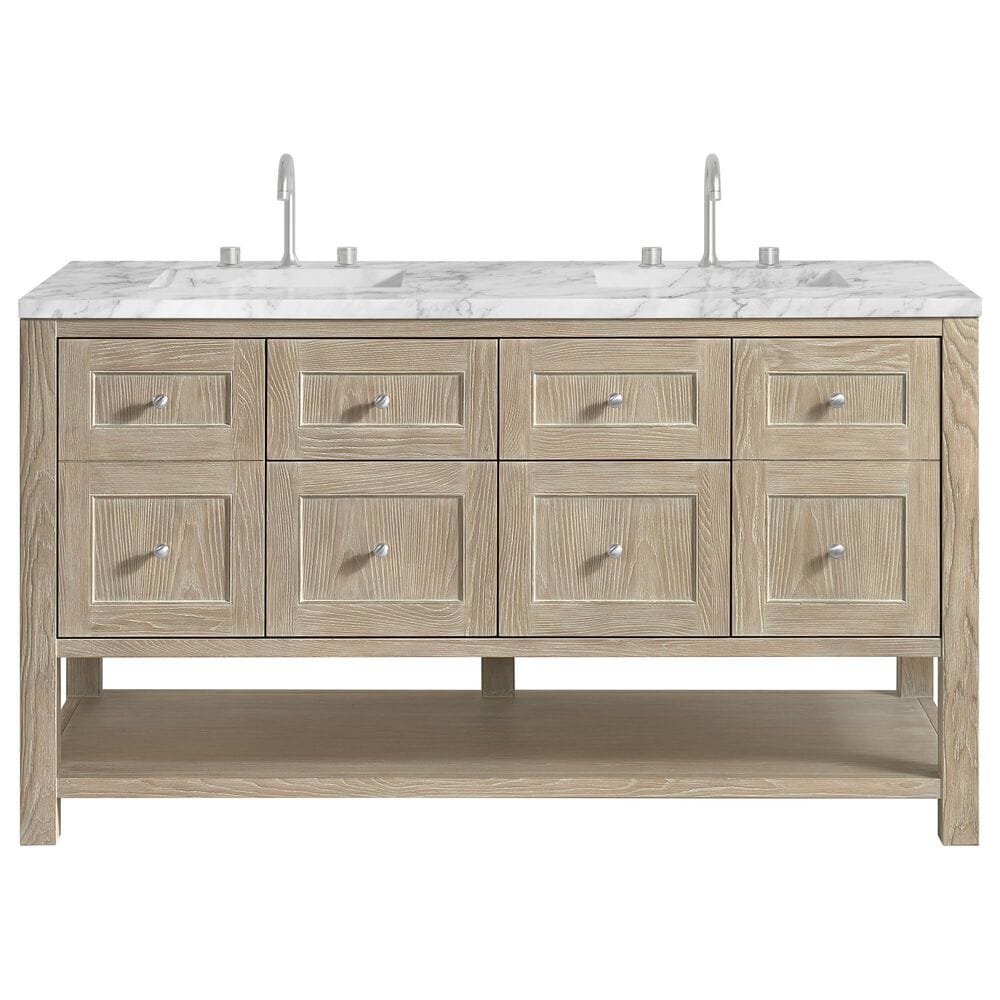 James Martin Vanities Breckenridge 60" Double Bathroom Vanity in Whitewashed Oak with 3 cm Carrara White Marble Top and Rectangular Sinks, , large