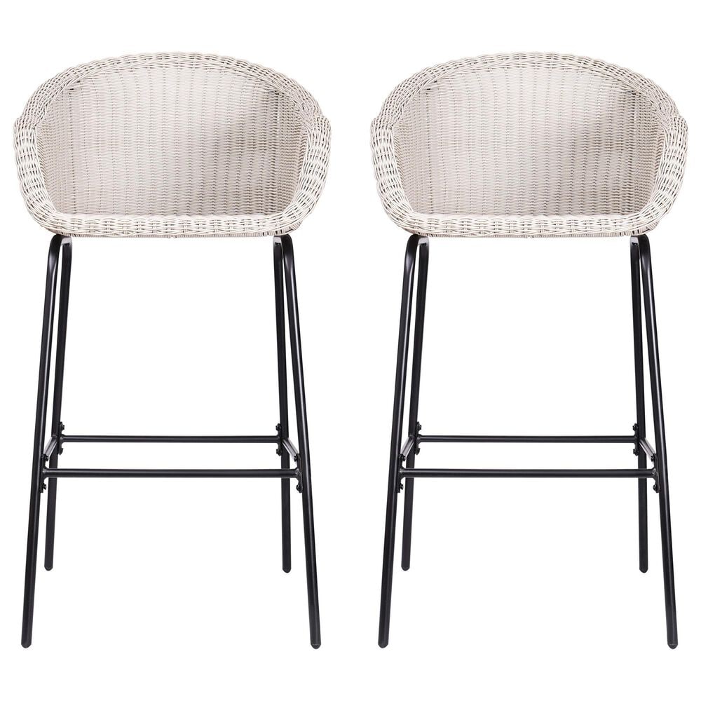 Hearth and Haven Ladd Outdoor Faux Wicker Barstool with Black Metal Frame in Light Gray (Set of 2), , large