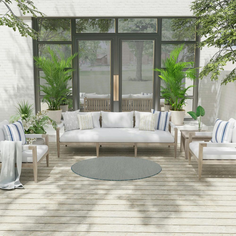 Nourison Courtyard Ivory and Aqua 4&#39; Round Indoor/Outdoor Area Rug, , large