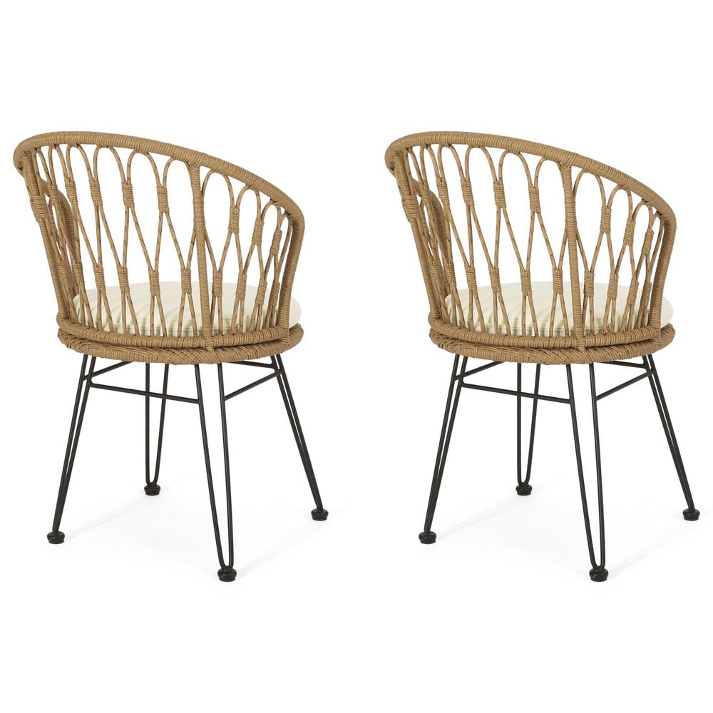 Hearth and Haven Tavon Outdoor Chair with Beige Cushion in Light Brown &#40;Set of 2&#41;, , large