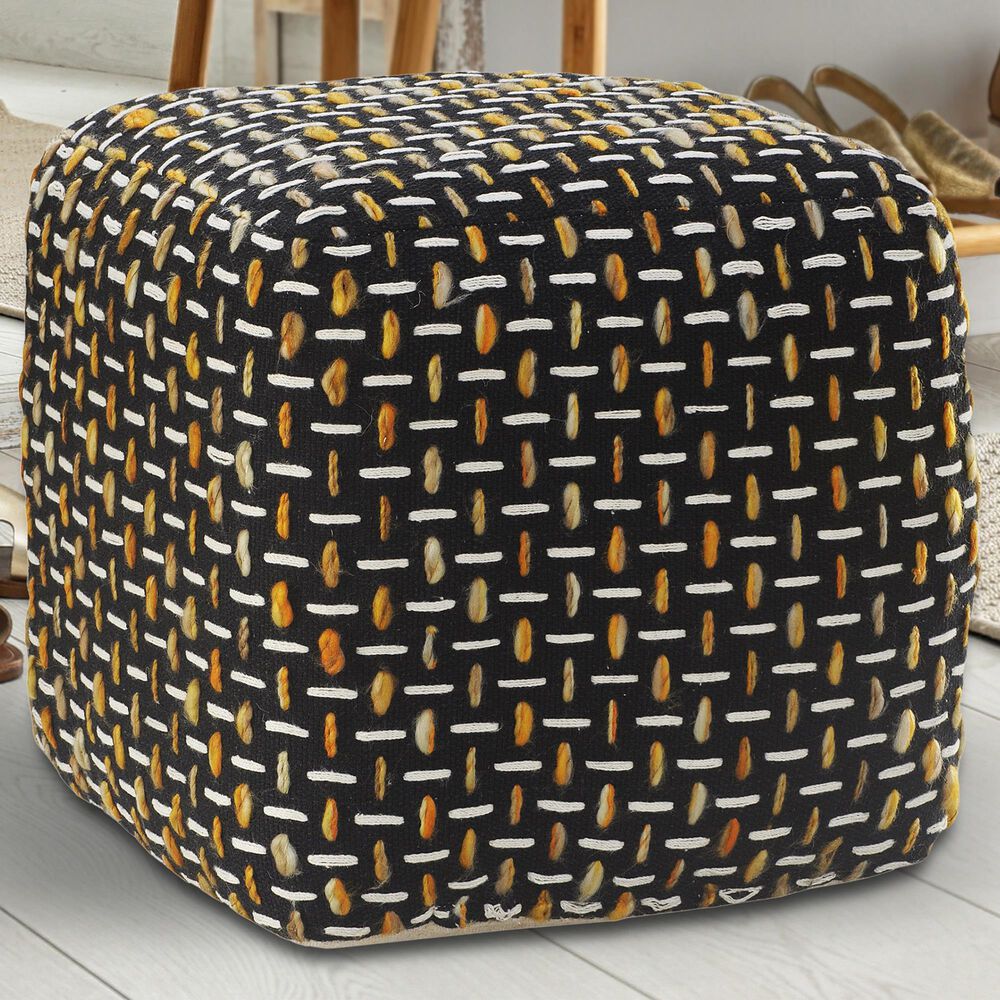 LR Home 16" Square Pouf in Black and Gold, , large