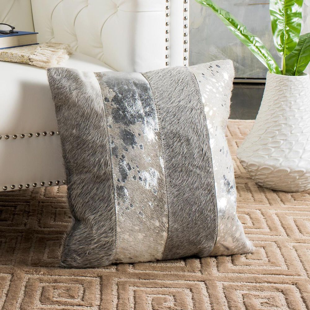 Safavieh Blair 20" Metallic Cowhide Square Pillow in Grey/Silver, , large