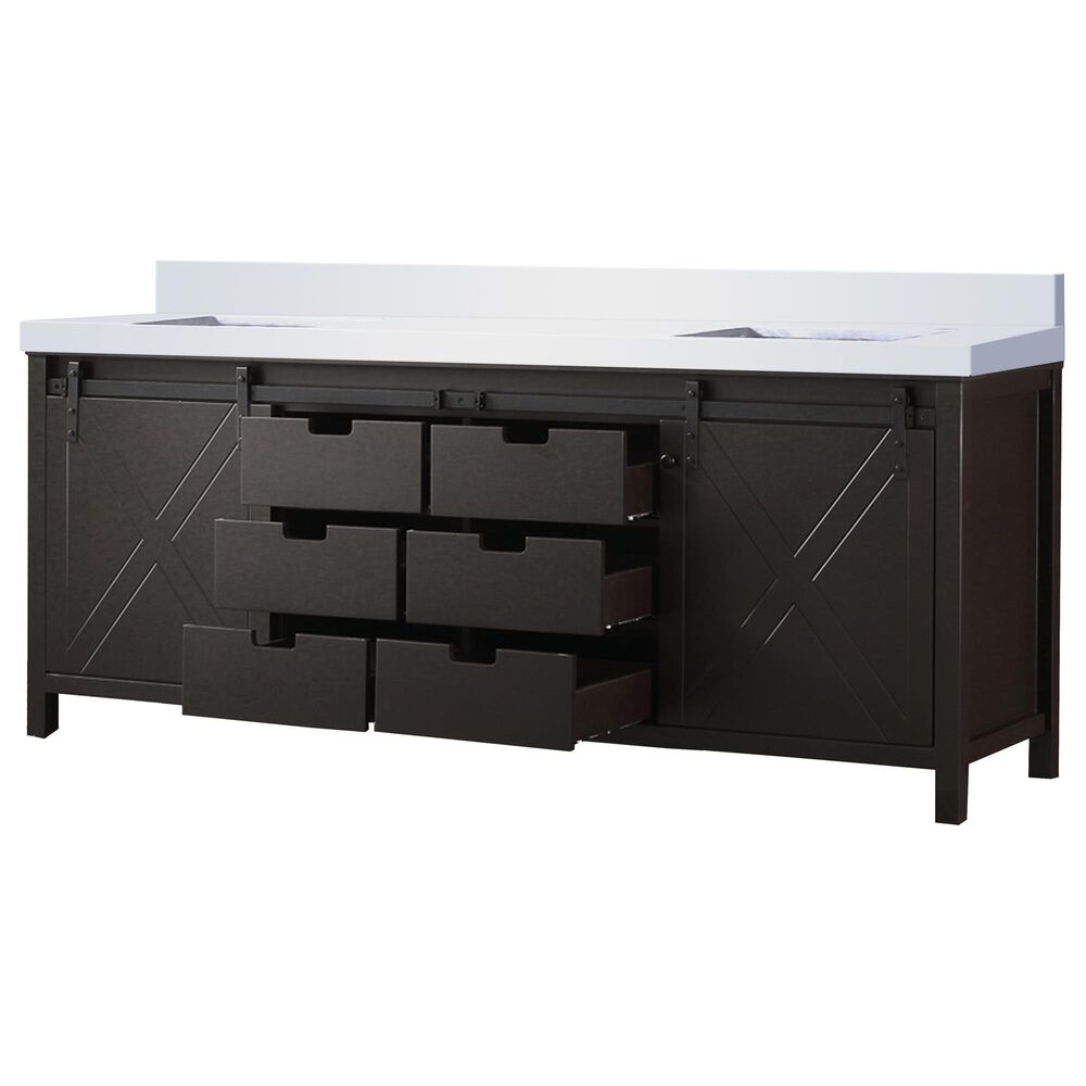 Lexora Home Marsyas 84&quot; Double Bathroom Vanity in Brown with 2 cm White Cultured Marble Top and Rectangular Sinks, , large