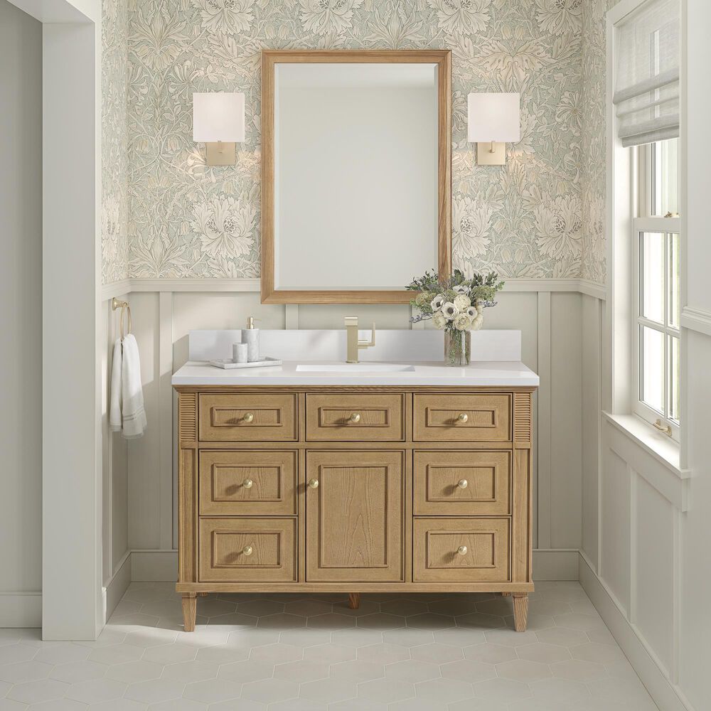 James Martin Vanities Lorelai 48" Single Vanity in Light Natural Oak with Single Hole and 3 cm White Zeus Quartz Top &amp; Backsplash, , large