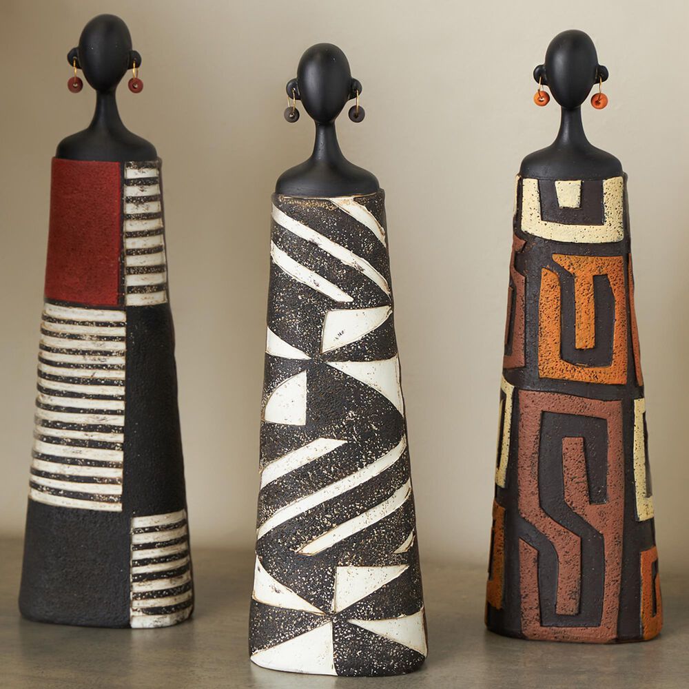 Maple and Jade African Woman Decorative Sculpture with Red, Orange, and White Dresswear in  Black Set of 3, , large