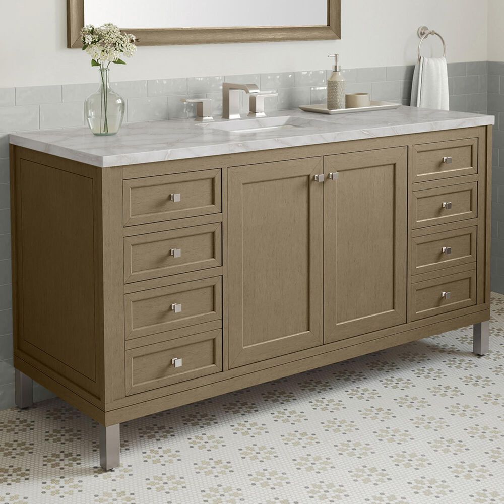 James Martin Vanities Chicago 60" Single Bathroom Vanity in Walnut Whisper with 3 cm Victorian Silver Quartz Top, Rectangular Sink and FreePower Wireless Charger, , large