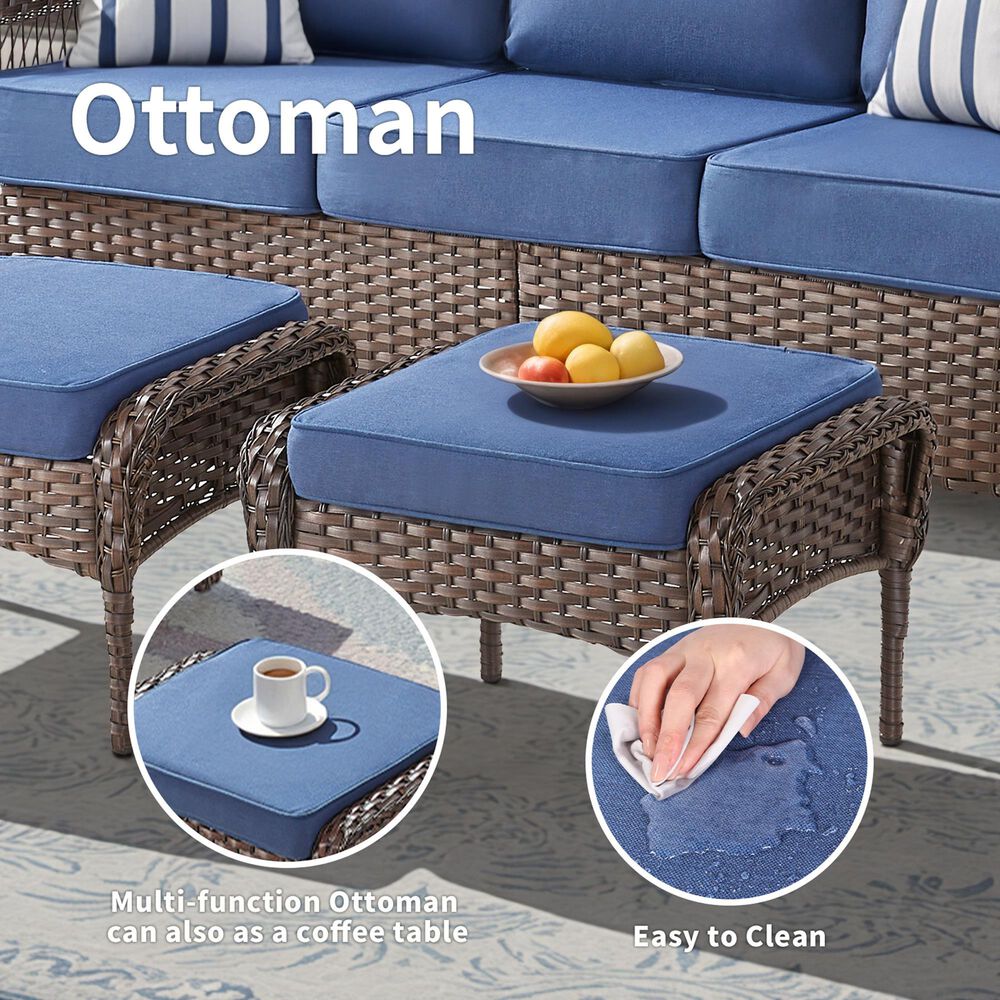 Hearth and Haven Patio Wicker Ottoman with Brown Rattan in Blue (Set of 2), , large