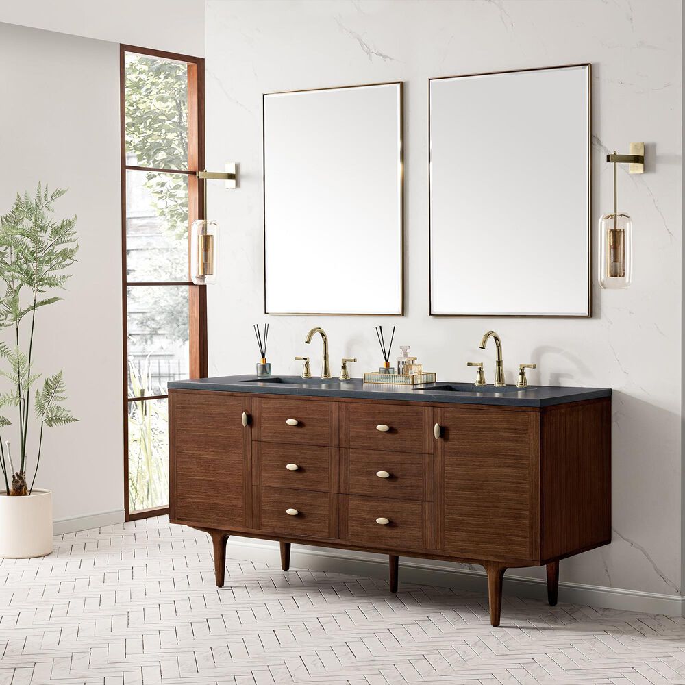 James Martin Vanities Amberly 72&quot; Double Bathroom Vanity in Walnut with 3 cm Charcoal Soapstone Quartz Top and Rectangular Sinks, , large