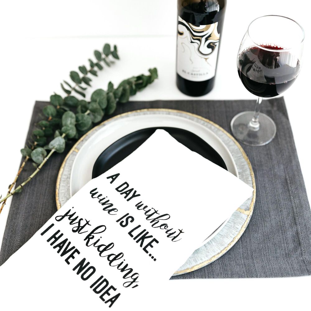 Wildwood Day Without Wine Tea Towel in White and Black, , large
