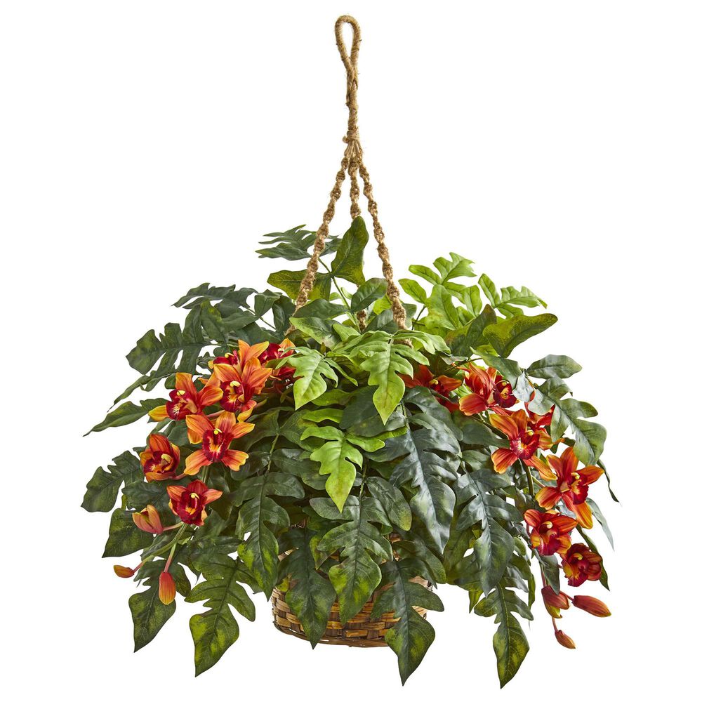 Nearly Natural Inc Burgundy Cymbidium Orchid & Fern Artificial Arrangement in Hanging Basket, , large