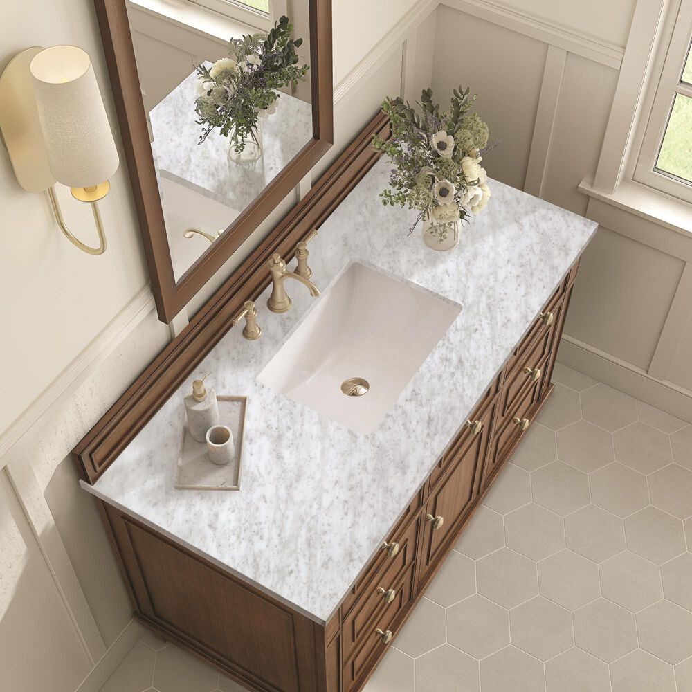 James Martin Vanities Lorelai 48&quot; Single Vanity in Mid-Century Walnut with 3 cm Carrara White Marble Top, , large