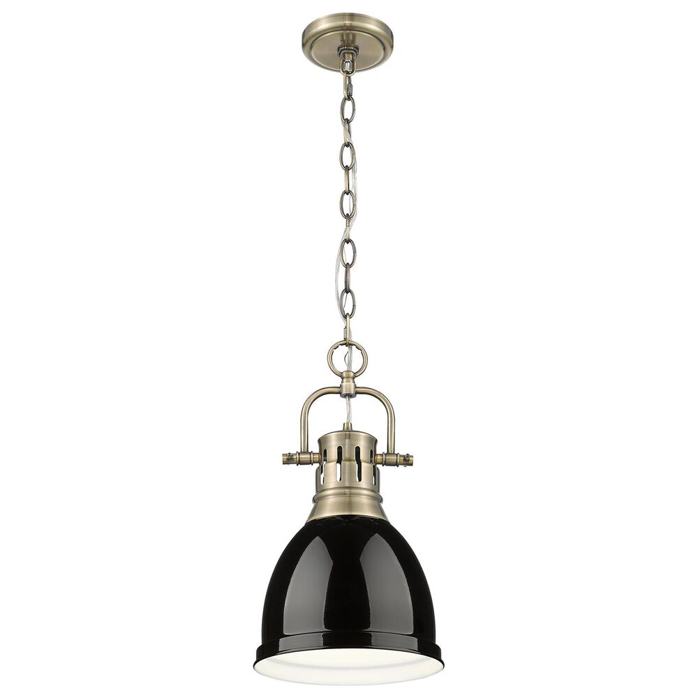 Golden Lighting Duncan 1-Light Small Pendant with Chain and Black Shade in Aged Brass, , large