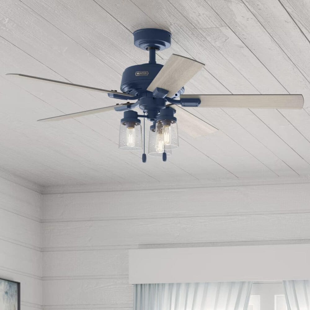 Hunter Hartland 52&quot; Ceiling Fan with LED Lights in Indigo Blue, , large