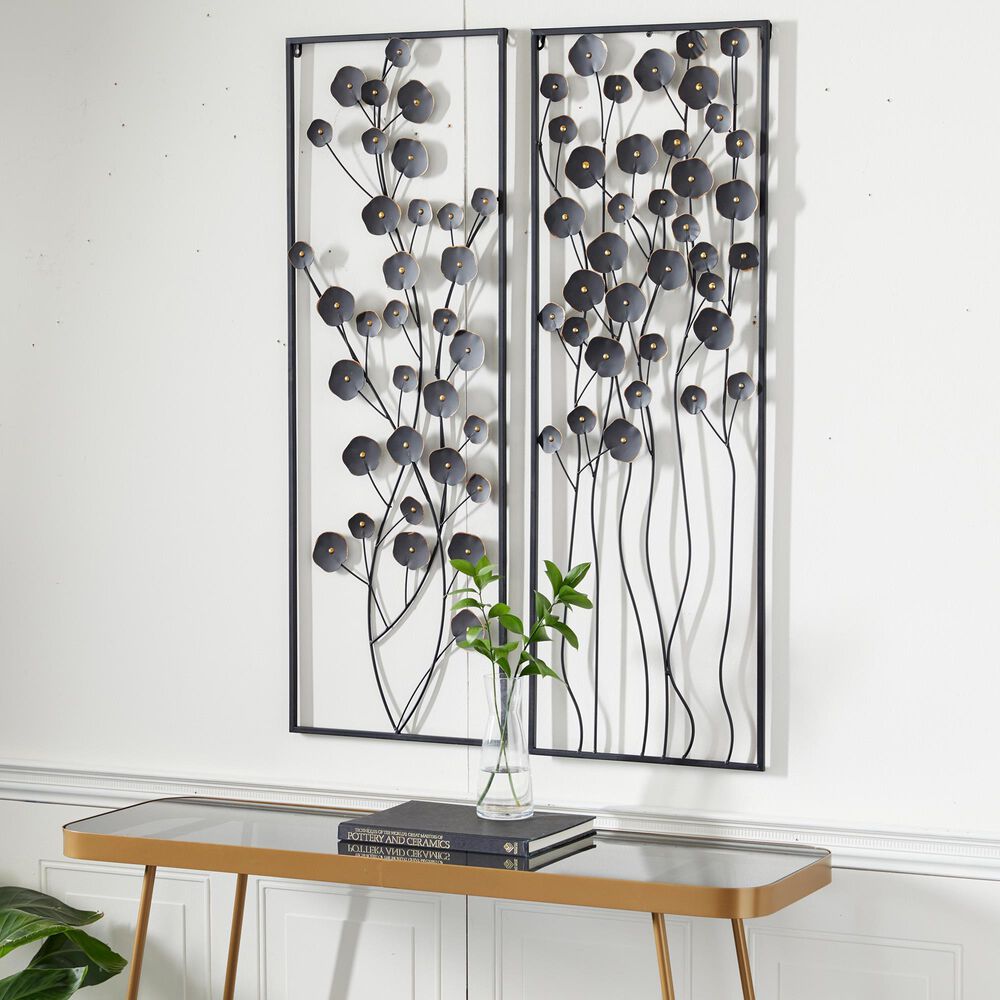 Maple and Jade 42&quot; x 15&quot; Metal Floral Wall Decor with Frame in Matte Black &#40;Set of 2&#41;, , large
