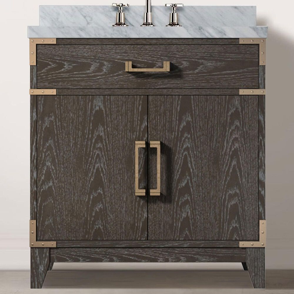 Lexora Home Laurel 30&quot; Single Bathroom Vanity in Brown Oak with White Carrara Marble Top and Rectangular Sink, , large