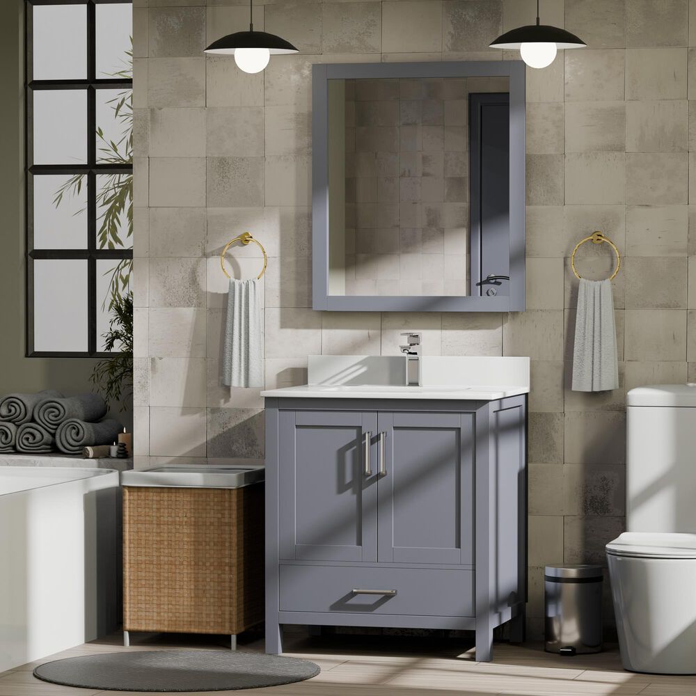 Lexora Home Jacques 30&quot; Single Bathroom Vanity in Dark Grey with 2 cm White Cultured Marble Top and Rectangular Sink, , large