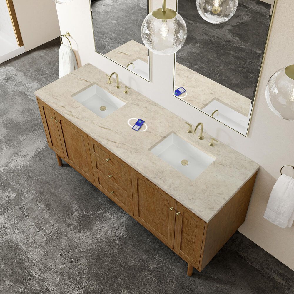 James Martin Laurent 72" Double Bathroom Vanity in Honey Oak with 3 cm Tajnar Eclos Top, Rectangular Sinks and FreePower Wireless Charger, , large